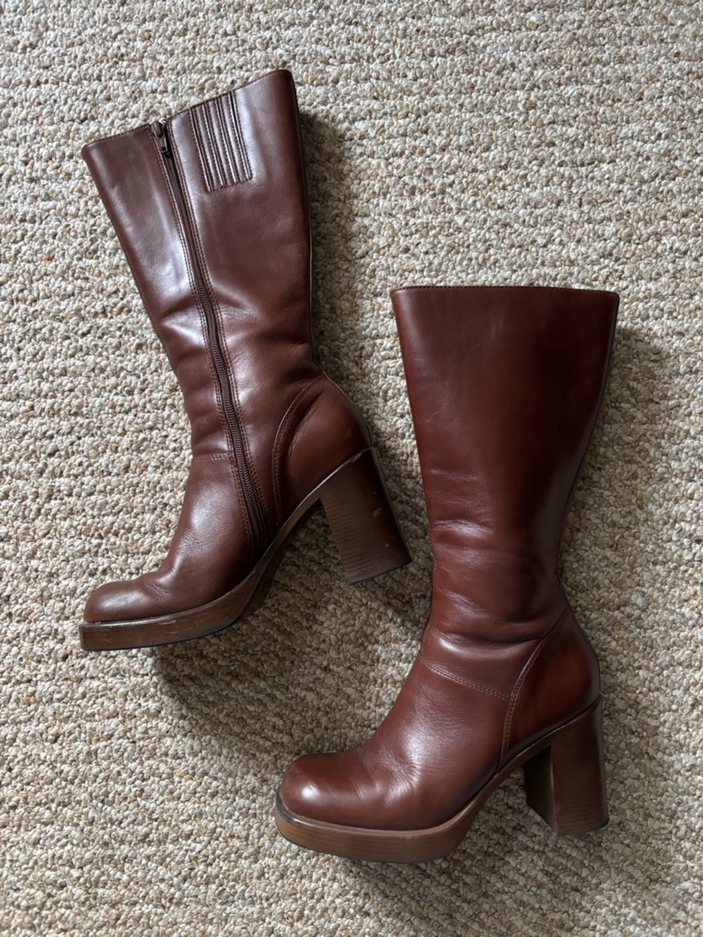 Steve Madden Chestnut Brown Leather Mid-Calf Platform Heeled Boots